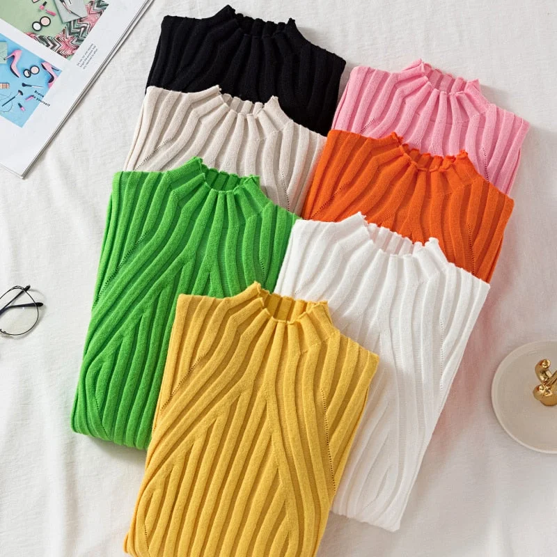 DeRuiLaDy 2019 New Fall Casual knitted Sweater women Turtleneck Slim Sweaters jumper Womens top winter sweater tricot pullover Ribbed Striped Patterned