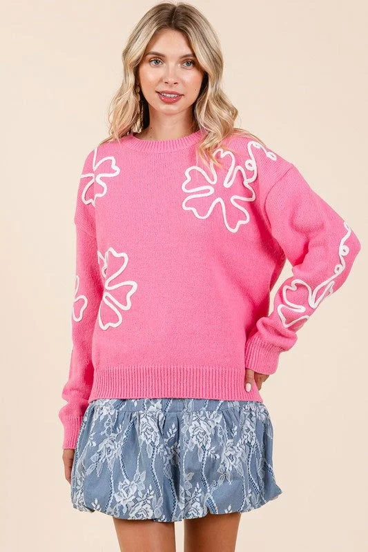 Geegee Plus Floral Embroidered Solid Knit Sweater Neon Metallic Matte