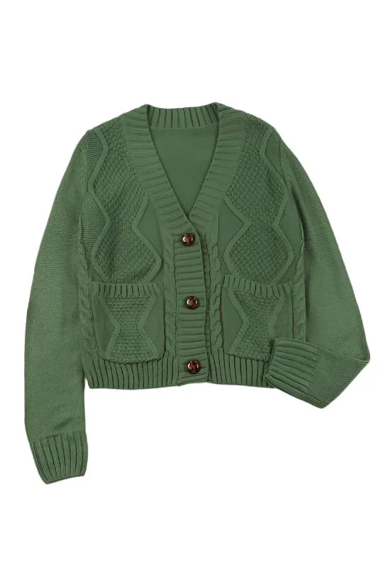 Green Pocket Button Cable Cropped Sweater Cardigan Transparent Opaque Sheer