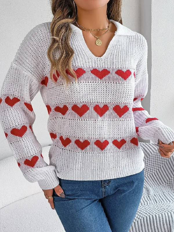 Heart Johnny Collar Long Sleeve Sweater Cashmere Blend Cotton Blend Poly Blend