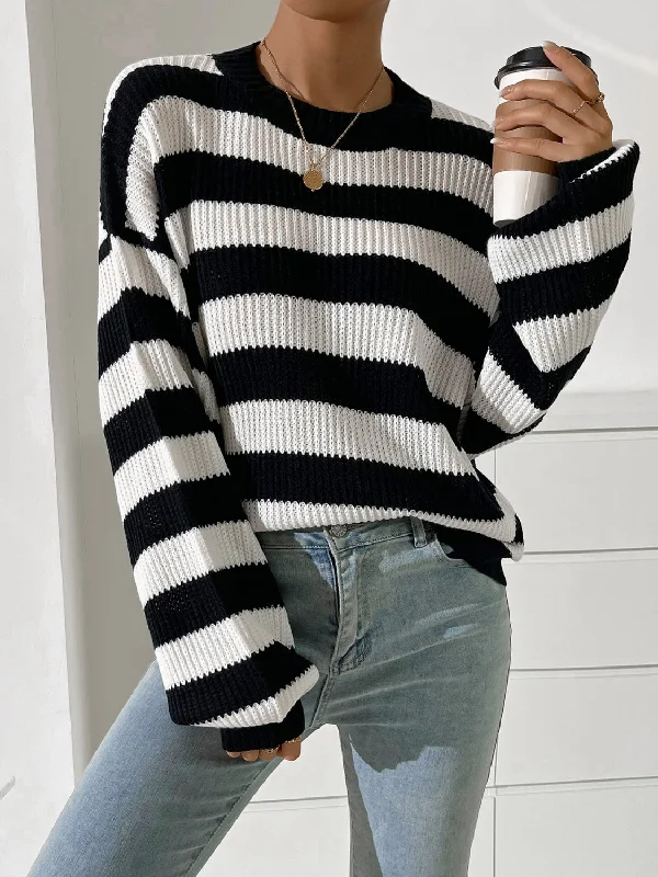 Honey Striped Round Neck Long Sleeve Sweater Sequined Glittery Shiny