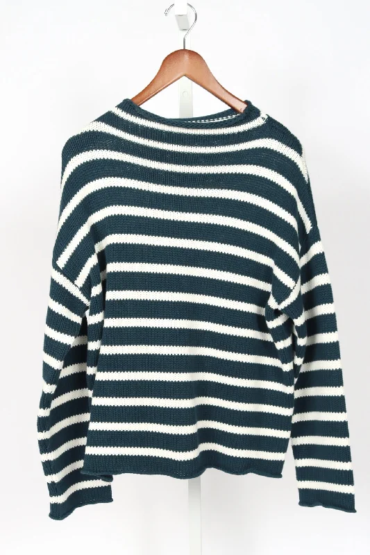 Lamis Stripe Cotton Sweater - Ocean Blue/White Graphic Sweater Embroidered Appliqued