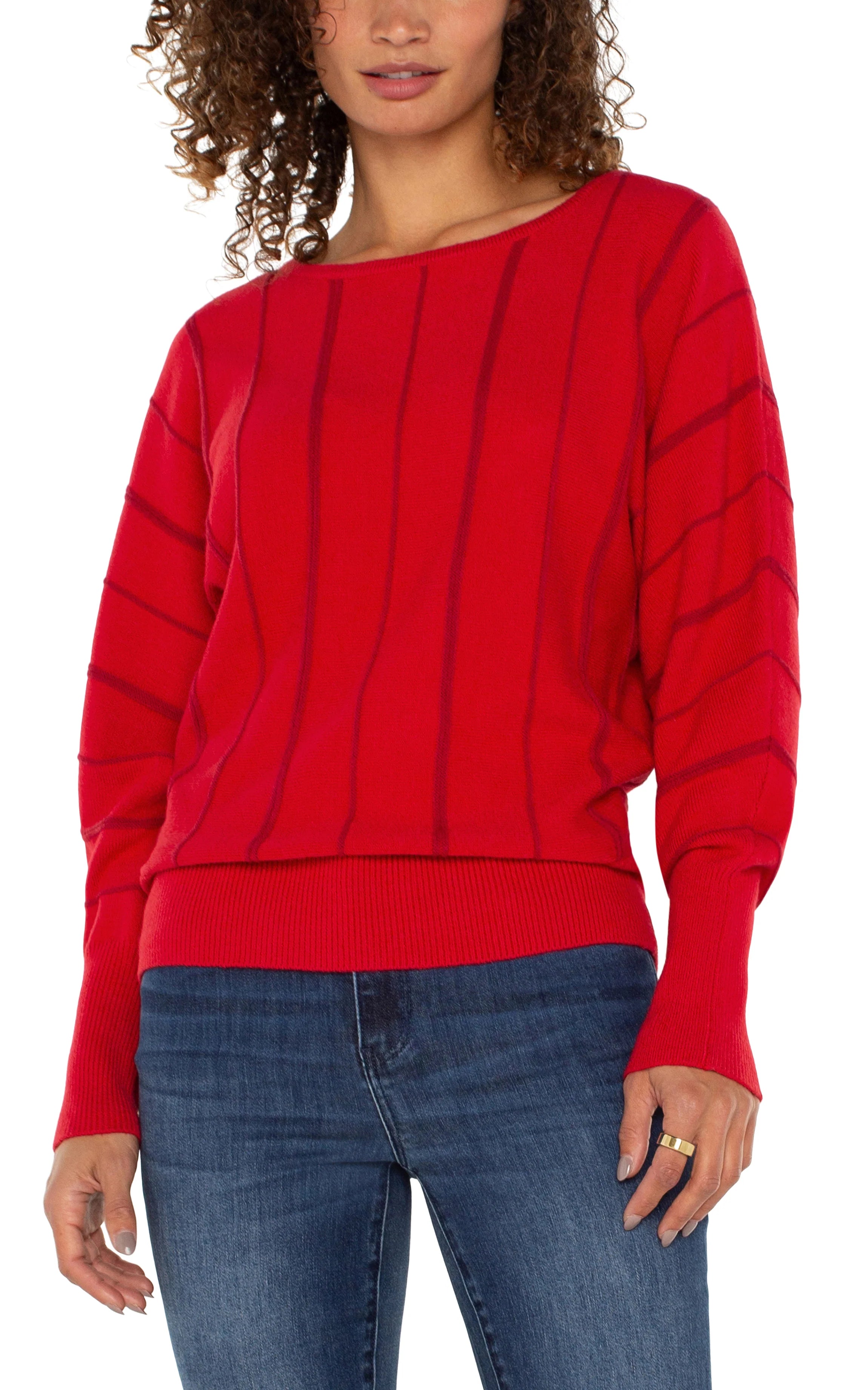 Liverpool Long Sleeve Crew Dolman Sweater Tango Red Mesh Fabric Canvas Fabric Denim Fabric