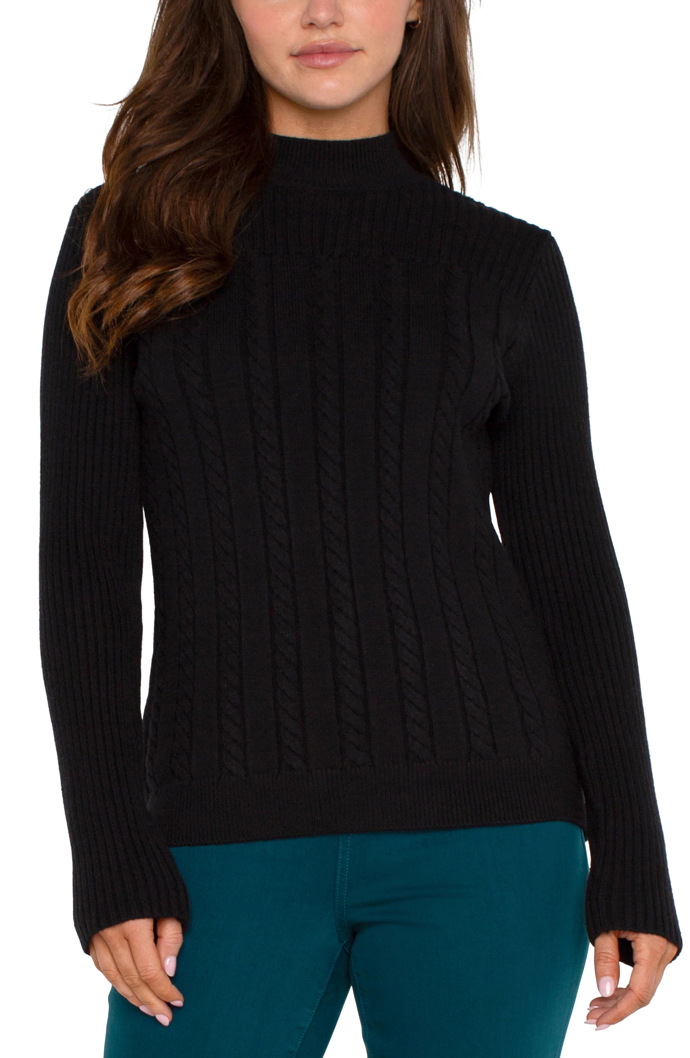 Liverpool Mock Neck Cable Sweater Black Bright Pastel Dark