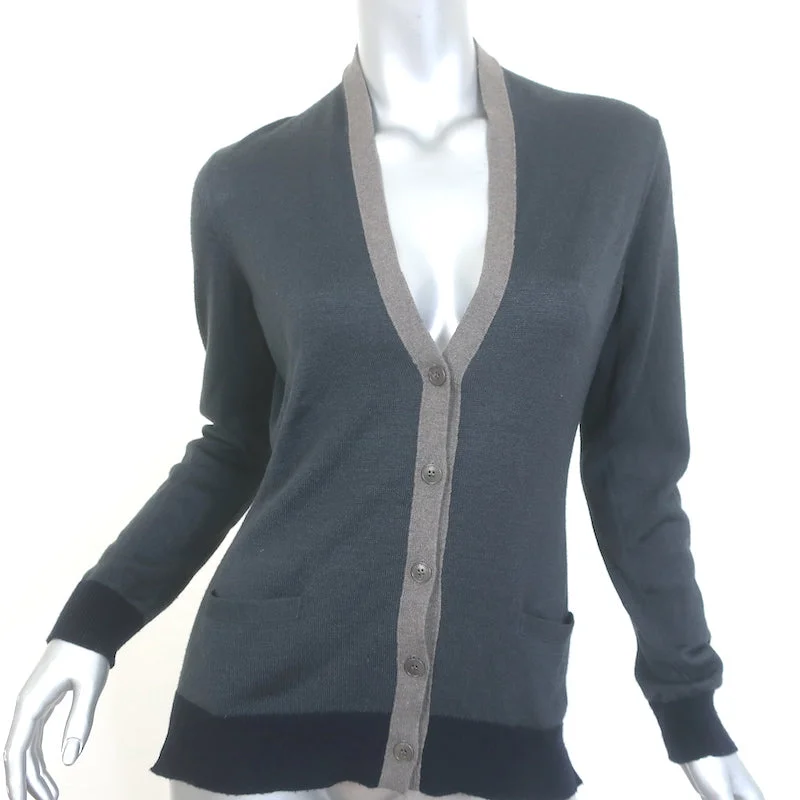 Loro Piana Colorblock Cardigan Dark Gray Cashmere-Silk Size 40 V-Neck Sweater Solid Print Embellished