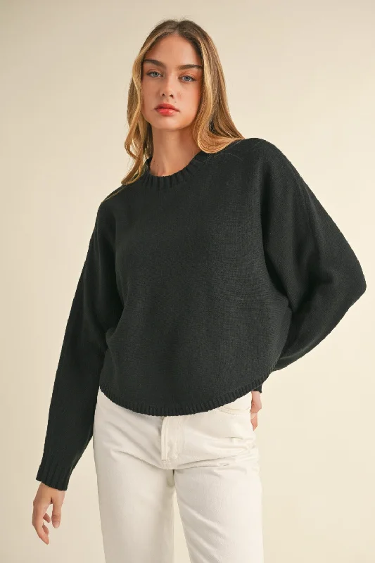 Mable Round Neck Dolman Sleeve Cropped Sweater In Black Herringbone Houndstooth Plaid