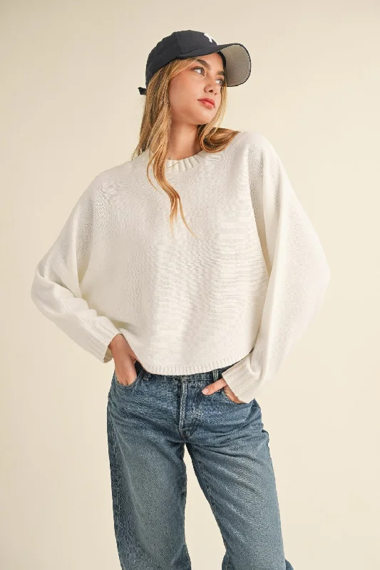 Mable Round Neck Dolman Sleeve Cropped Sweater In White Striped Floral Plaid