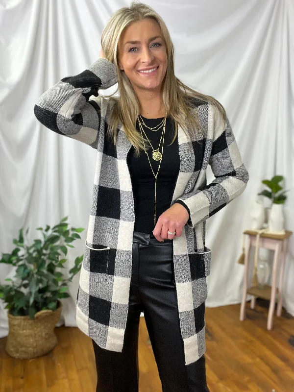 Oatmeal Black Check Print Open Jacquard Sweater Cardigan Zippered Buttoned Snapped