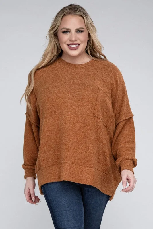 Zenana Plus Size Brushed Melange Drop Shoulder Sweater Cashmere Blend Cotton Blend Poly Blend