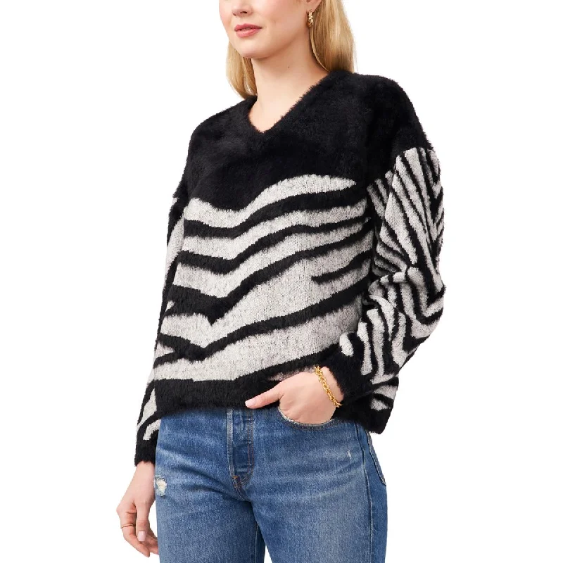 Sam and Jess Womens Faux Fur V-Neck Sweater Mesh Sweater Canvas Denim