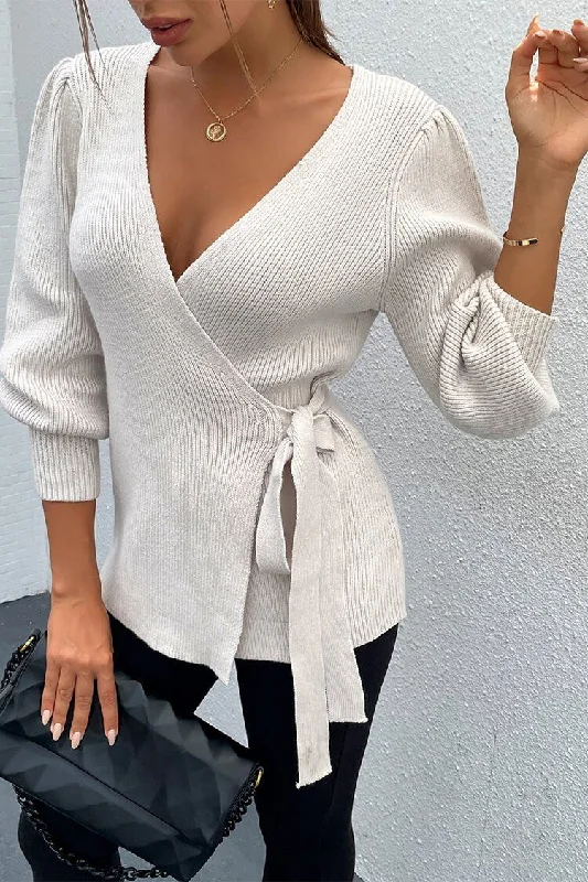 Sexy V Neck Balloon Sleeve Ribbed Wrap Knit Pullover Sweater Boat Neck Shawl Collar Notched Collar