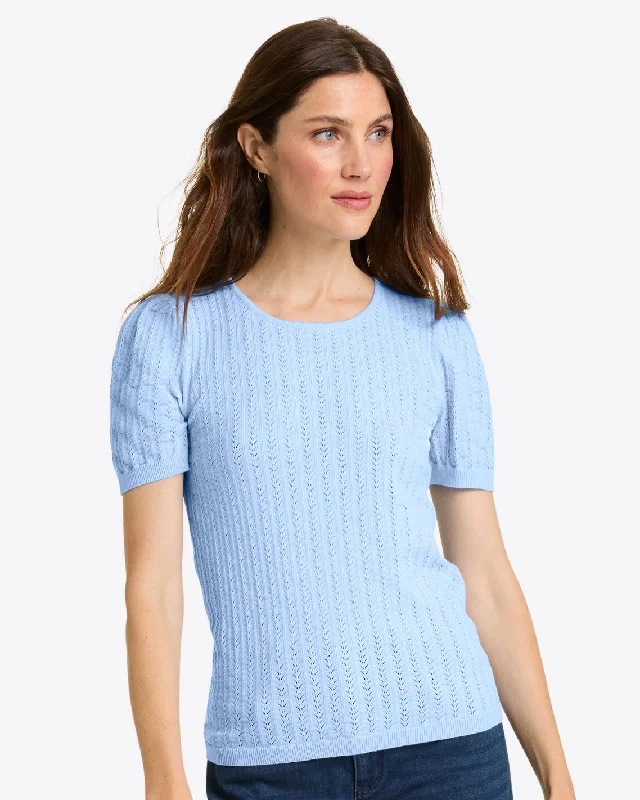 Short Sleeve Sweater in Blue Pointelle Stretchy Elastic Breathable