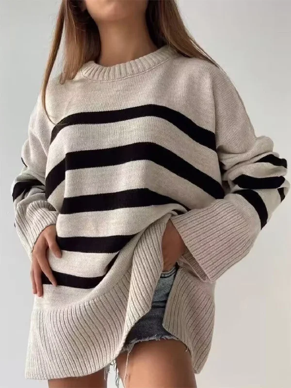 Slit Striped Round Neck Sweater Cashmere Blend Cotton Blend Poly Blend