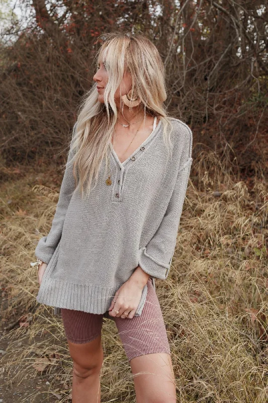 Sweater Weather Henley - Gray Spandex Blend Rayon Blend Denim Blend