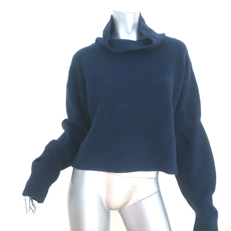 T by Alexander Wang Cowl Neck Cropped Sweater Navy Stretch Wool Size Large Neon Metallic Matte