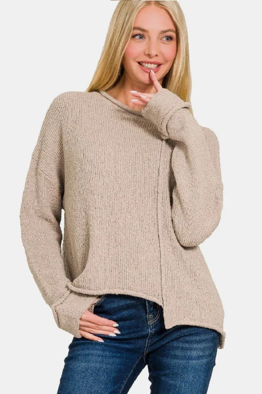 Zenana Asymmetric Hem Drop Shoulder Sweater Lace Blend Ribbed Blend Corduroy Blend