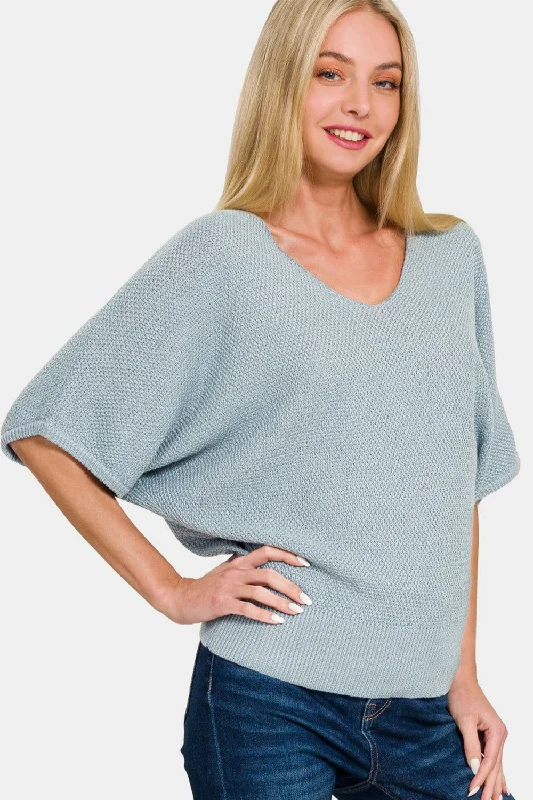 Zenana V-Neck Short Sleeve Dolman Sweater Zippered Front Buttoned Front Snap Front