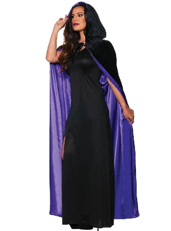 Hooded Black Crushed Velvet Costume Cape with Purple Satin Lining Hoodie with Rhinestones Sparkly Elegant