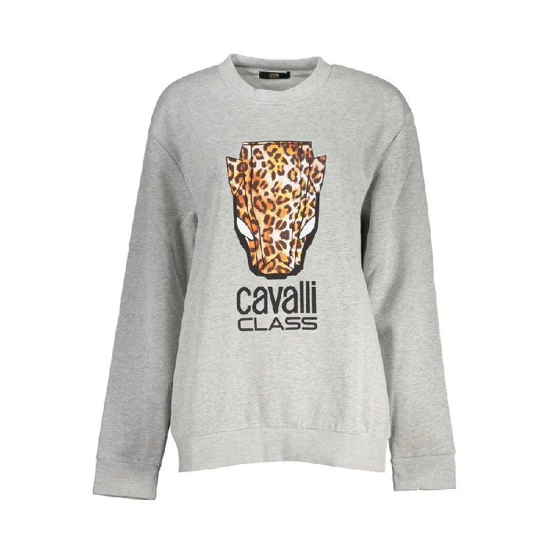 Cavalli Class Chic Gray Crew Neck Fleece Sweatshirt Hoodie with Ribbed Neckline Snug Warm