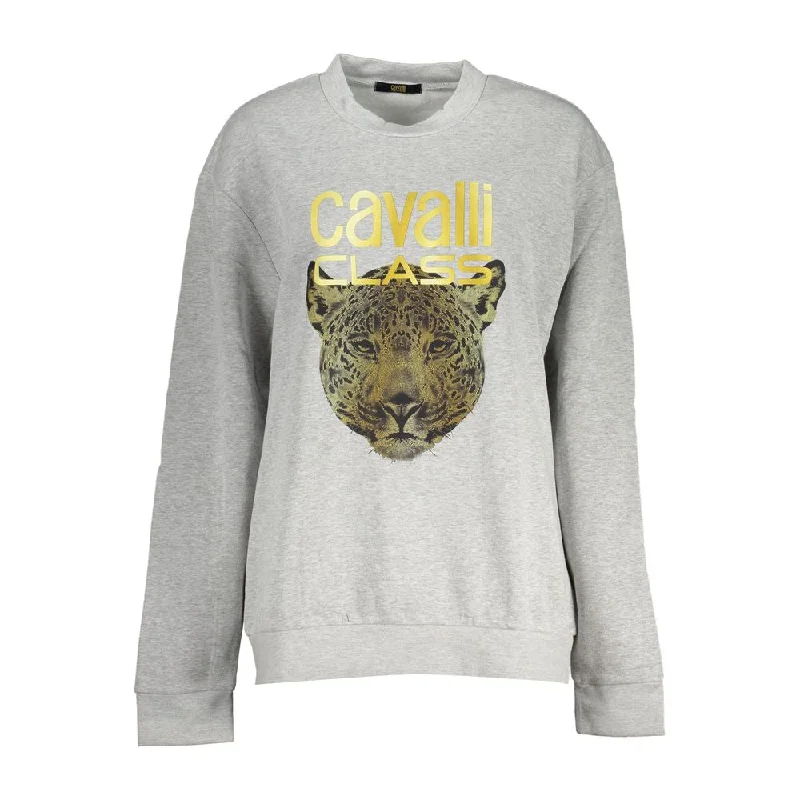 Cavalli Class Chic Gray Crew Neck Fleece Sweatshirt Hoodie with Hidden Zipper Minimalist Clean