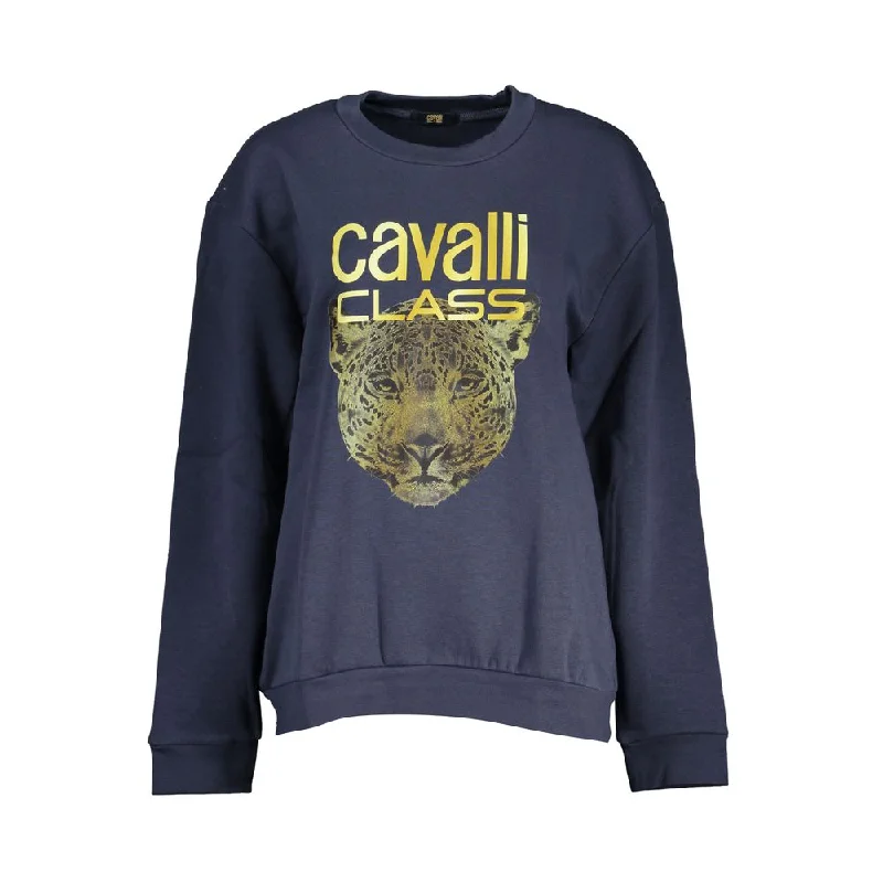 Cavalli Class Elegant Blue Fleece Crew Neck Sweatshirt Hoodie with Snap Buttons Easy Quick