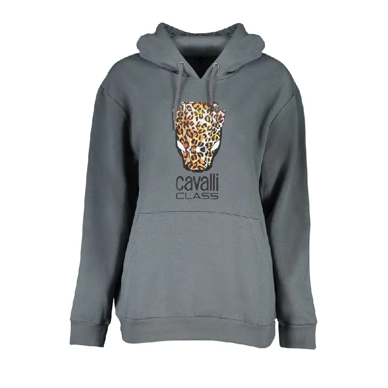 Cavalli Class Elegant Hooded Fleece Sweatshirt in Gray Hoodie with Bell Sleeves Flared Feminine