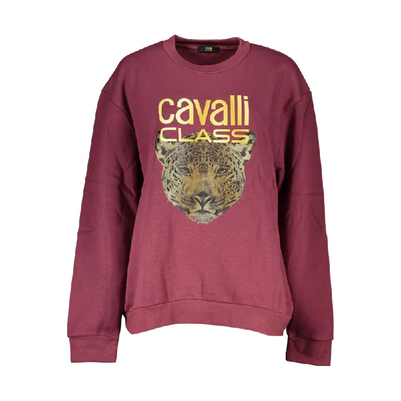 Cavalli Class Purple Fleece Crew Neck Sweatshirt with Logo Print Hoodie with Raglan Sleeves Sporty Comfortable