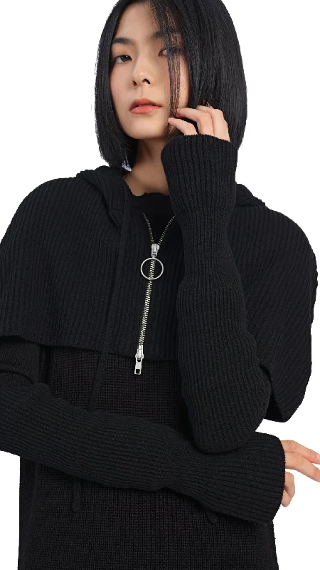 Cropped Hoodie Cape With Arm Warmer Hoodie with Ribbed Hem Stretchable Secure