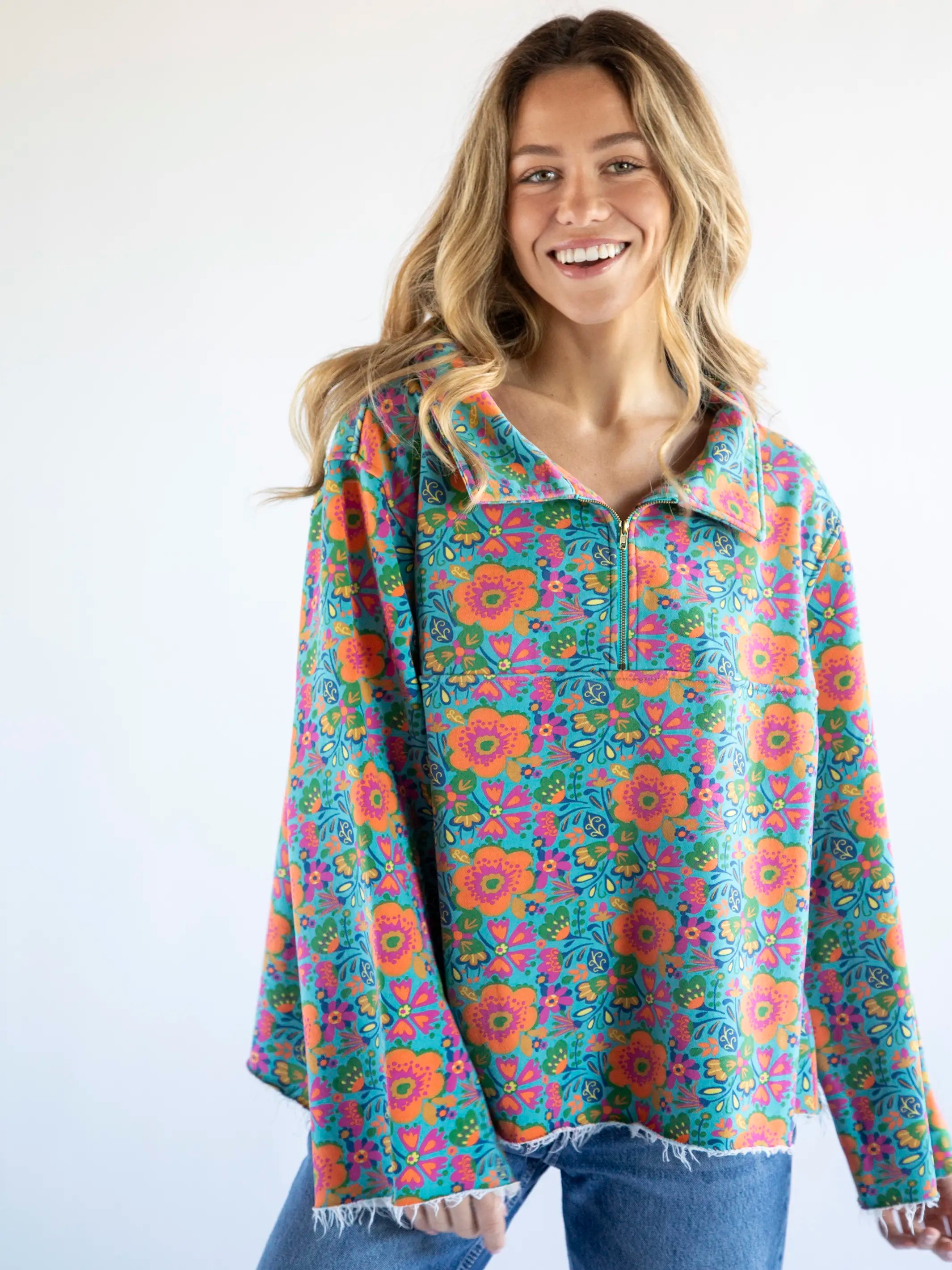 Easy Does It Sweatshirt - Doodle Floral Turquoise Hoodie with Hem Detail Decorative Unique