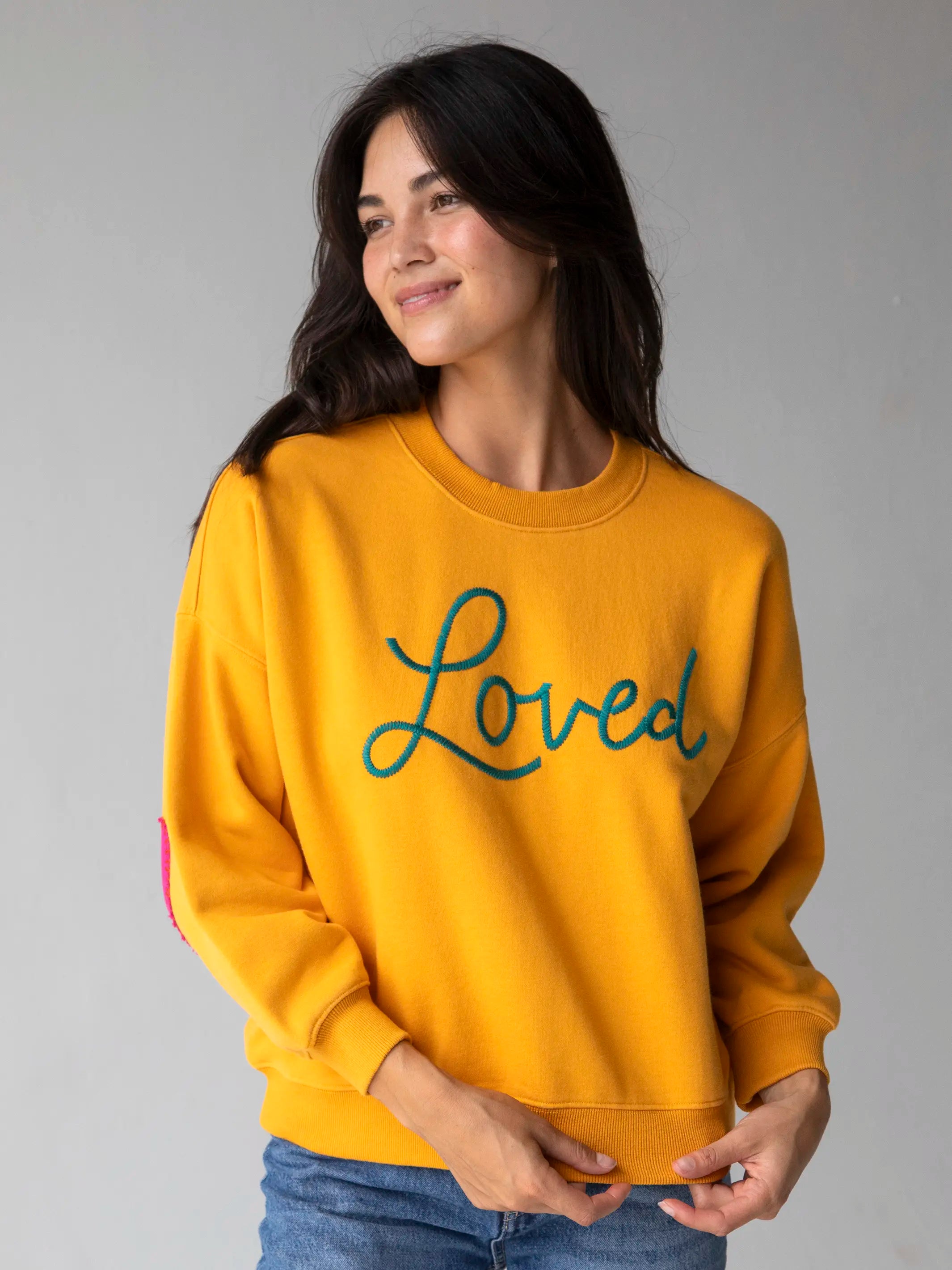 Heart On Your Sleeve Embroidered Sweatshirt - Mustard Loved Hoodie with Rolled Sleeves Casual Relaxed