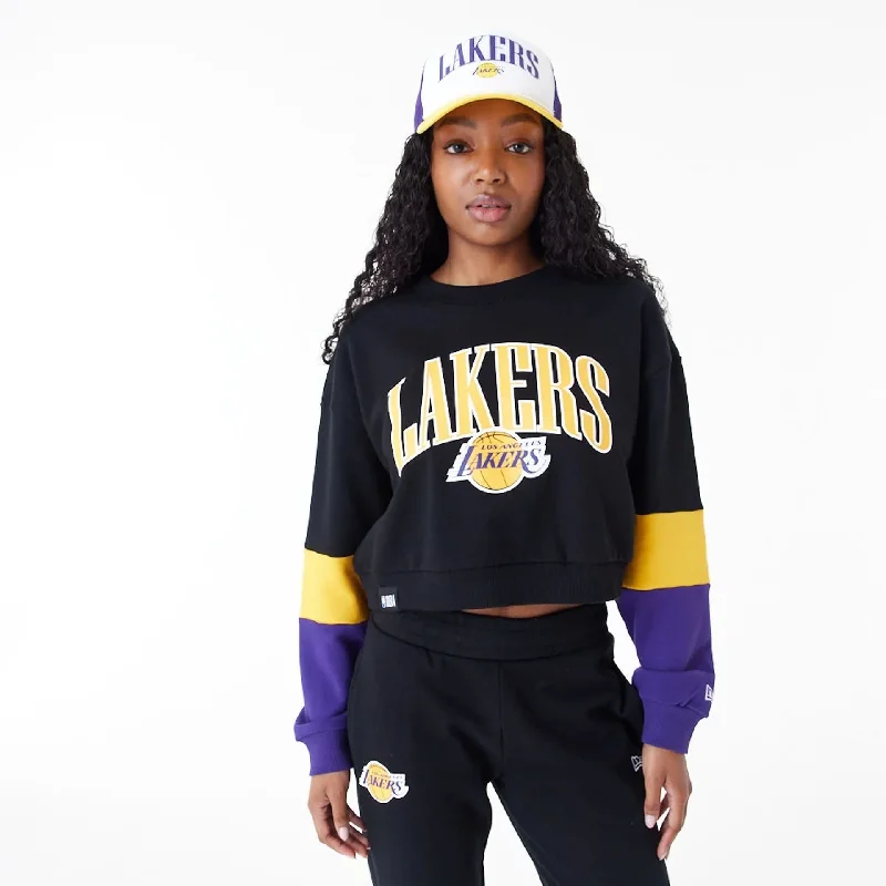 LA Lakers Womens NBA Colour Block Black Crop Crew Neck Sweatshirt Hoodie with Side Slits Relaxed Casual