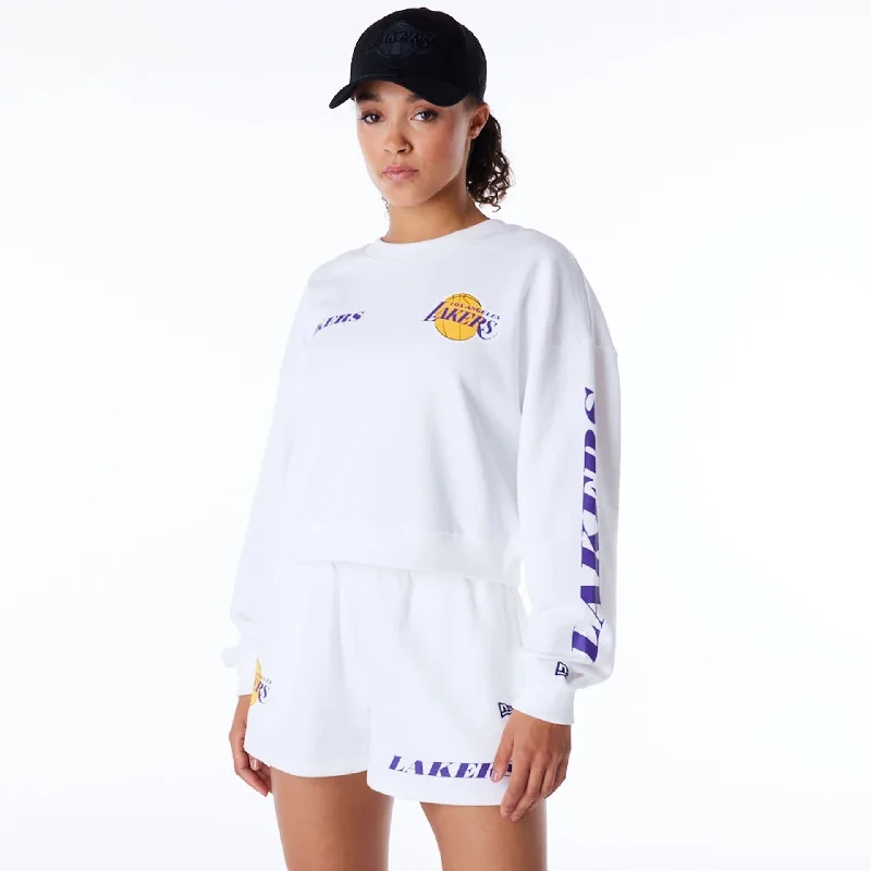 LA Lakers Womens NBA Wordmark White Crop Crew Neck Sweatshirt Hoodie with Crew Neck Simple Timeless