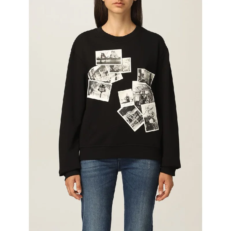 Love Moschino Chic Black Sweatshirt with Designer Emblem Hoodie with Side Slits Relaxed Casual