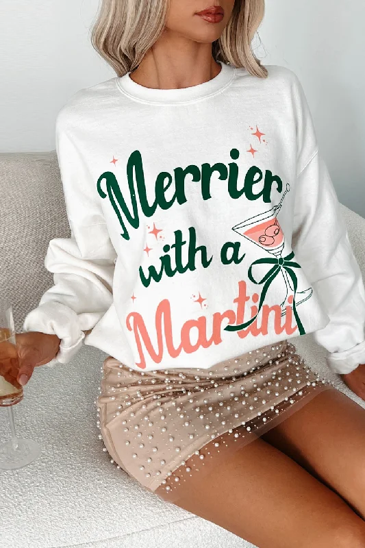 "Merrier With A Martini" Graphic Sweatshirt (White) Hoodie with Hem Lace Feminine Delicate