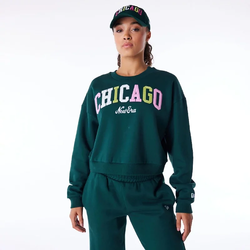 New Era Infill Dark Green Crop Crew Neck Sweatshirt Hoodie with Hem Patch Decorative Personalized