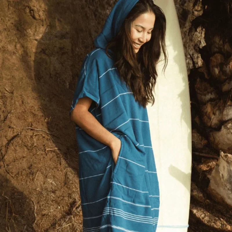 Sand Cloud Classic Stripe Hooded Poncho in Teal Blue Hoodie with Batwing Sleeves Loose Dramatic