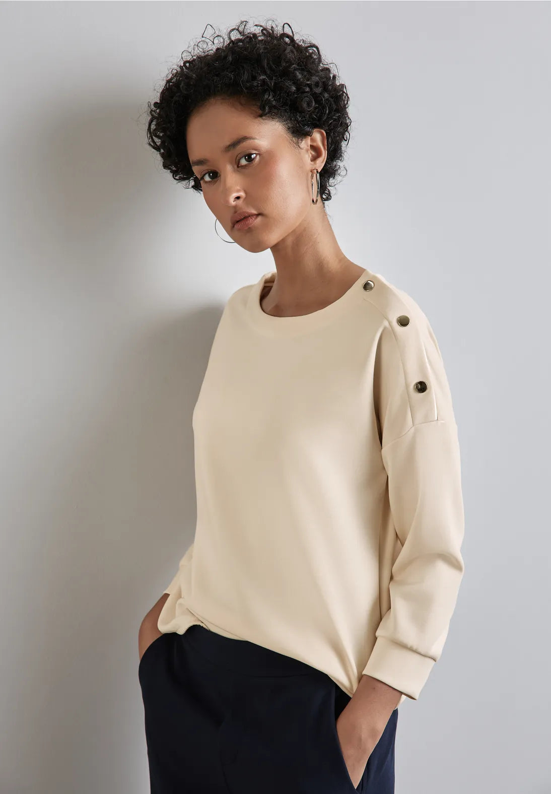 Street One Silk look sweatshirt with button shoulder detail Hoodie with Earth Tones Natural Calm