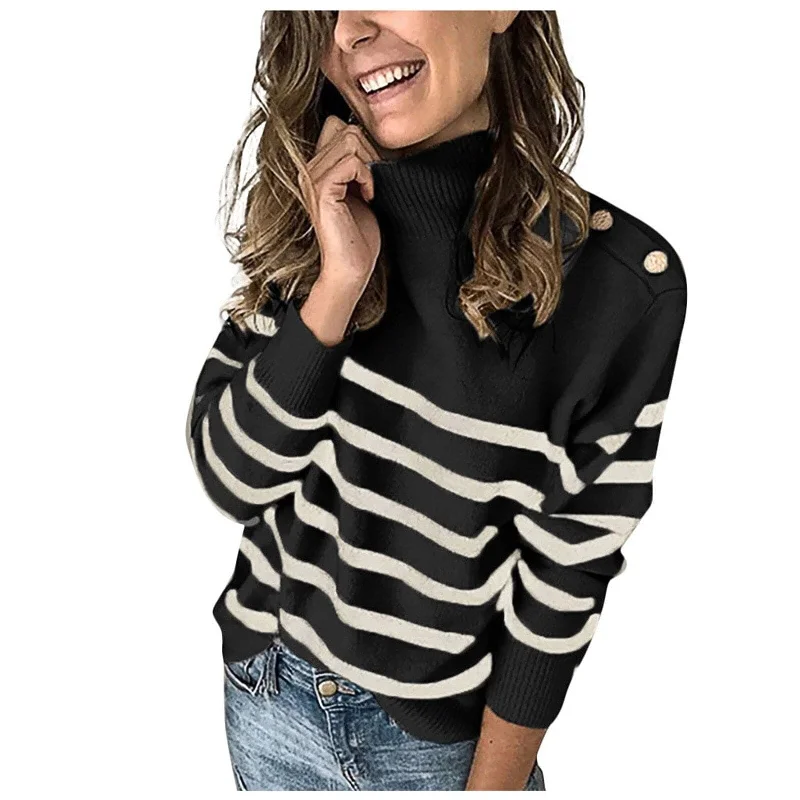 DressBetty - Women Color-Blocking Striped Turtleneck Sweater Long Sleeve Knit Pullover Women FallWinter Fashion Sweatshirt Sweater Tops Hoodie with Double Zipper Versatile Adjustable