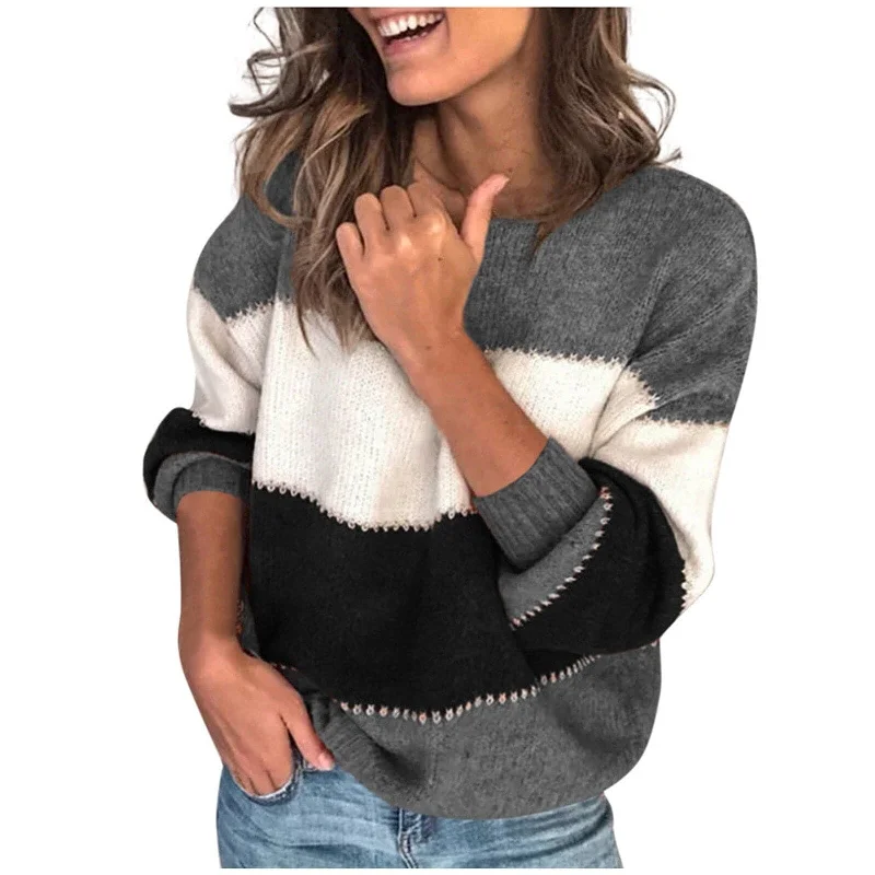 DressBetty - Women Stitching Color Stripe O-Neck Sweater Long-Sleeved Knitted Pullover Top Ladies FallWinter Casual Sweatshirt Top Sweater Hoodie with Belted Waist Structured Tailored