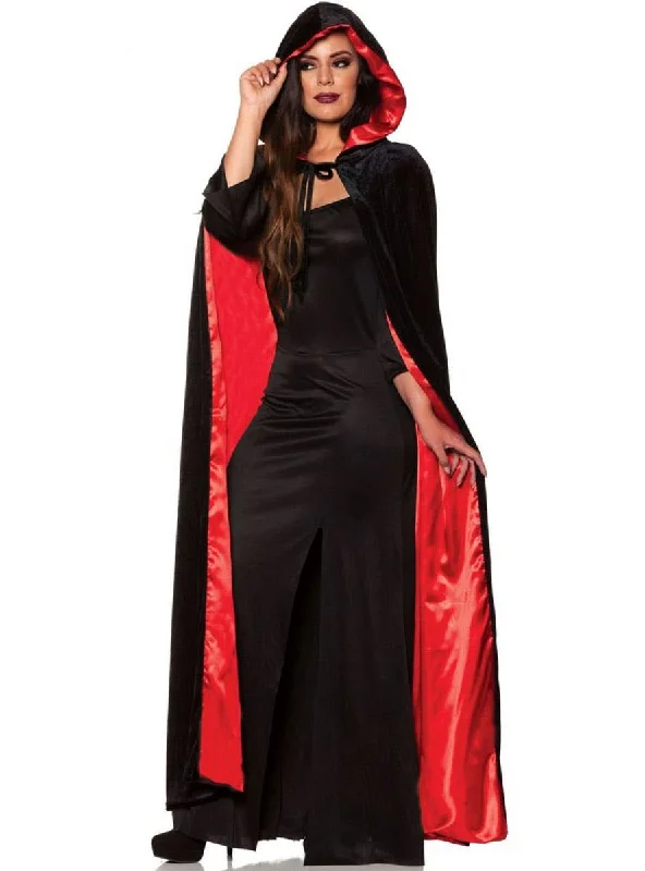 Hooded Black and Red Satin Womens Costume Cape Hoodie with Emblem Brand Identity