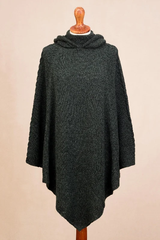 Adventurous Style in Moss Knit Alpaca Blend Hooded Poncho in Moss from Peru Zip Hoodie Drawstring Kangaroo Pocket