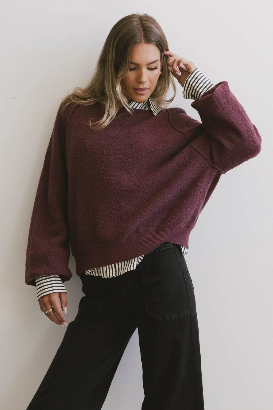 Annaleah Textured Sweatshirt in Burgundy - FINAL SALE Hoodie with Tie-Dye Psychedelic Retro