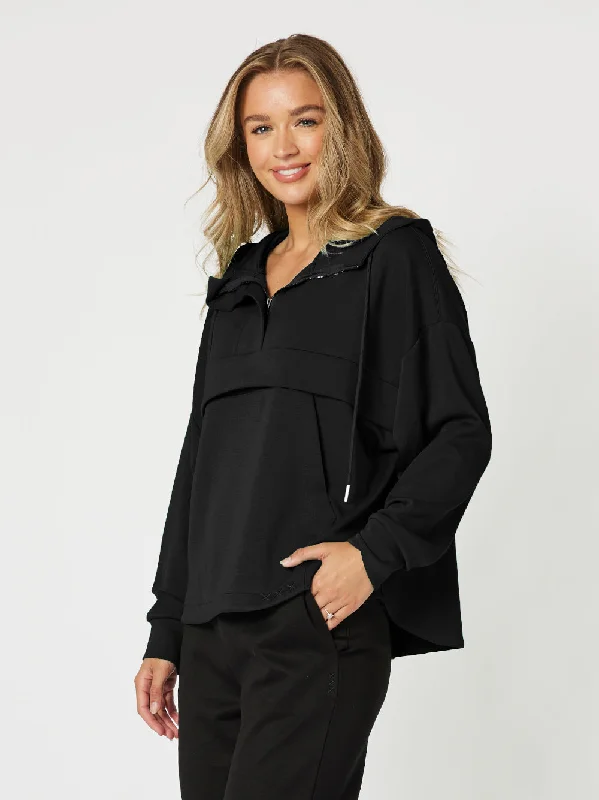 Ava Zip Sweatshirt - Black Hoodie with Hem Raw Edge Edgy Unfinished