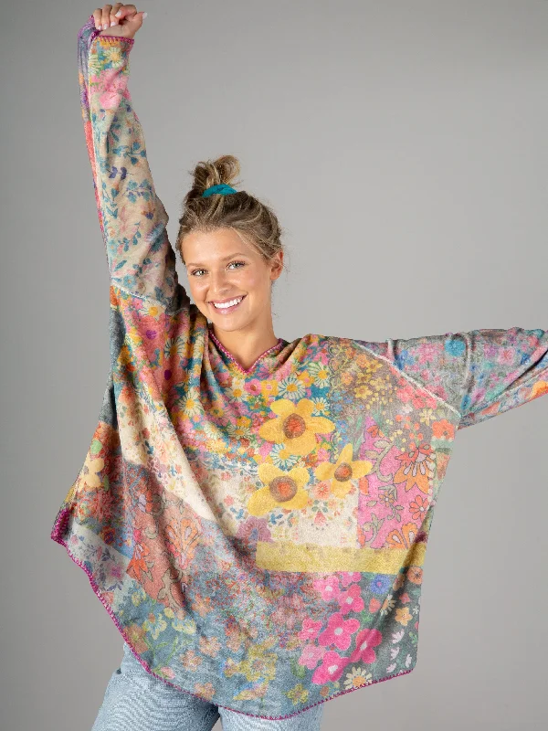 Cozy Blanket Hoodie - Floral Patchwork Hoodie with High-Low Hem Asymmetrical Trendy