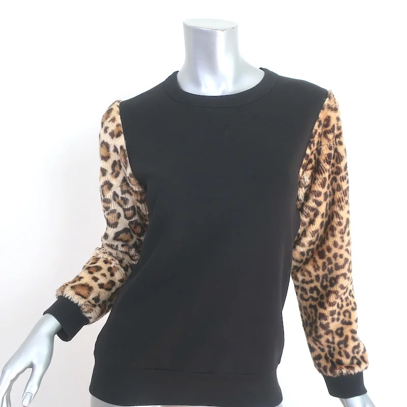 Dries Van Noten Leopard Faux Fur Sleeve Sweatshirt Black Cotton Size Small Oversized Hoodie Comfort Casual