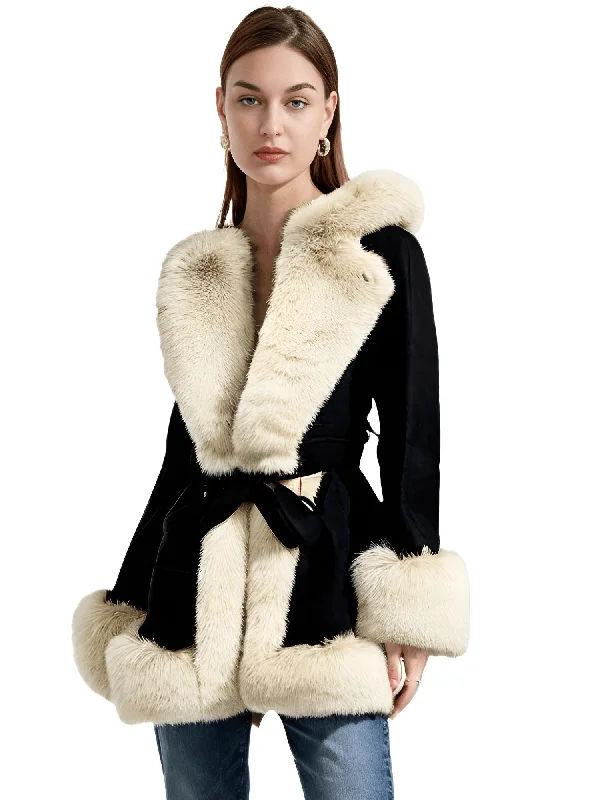 Hooded Fur Coats For Women With Belt and Fur Lining Inside Hoodie with Hem Contrast Bold Stylish