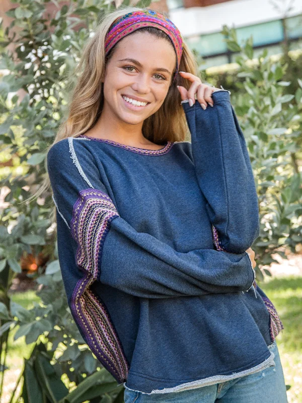 Knit Trim Sweatshirt - Navy Hoodie Crop Top Short Trendy