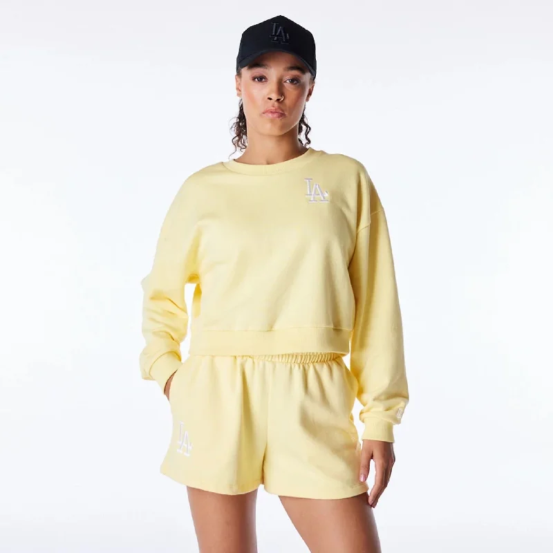 LA Dodgers Womens MLB League Essential Pastel Yellow Crop Crew Neck Sweatshirt Hoodie with Embroidery Detailed Premium