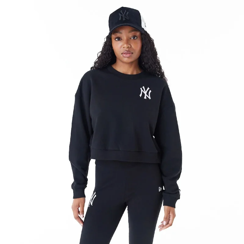 New York Yankees Womens MLB Lifestyle Black Crop Crew Neck Sweatshirt Hoodie with Zipper Versatile Modern