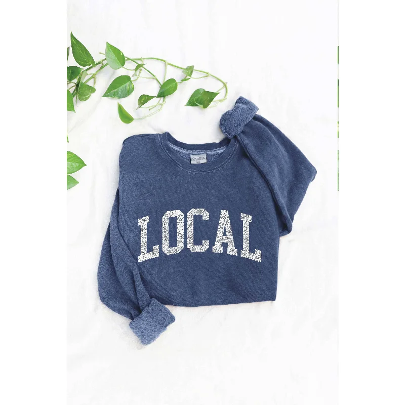 LOCAL Mineral Washed Graphic Sweatshirt | Dusty Blue Hoodie with Oversized Fit Loose Comfortable